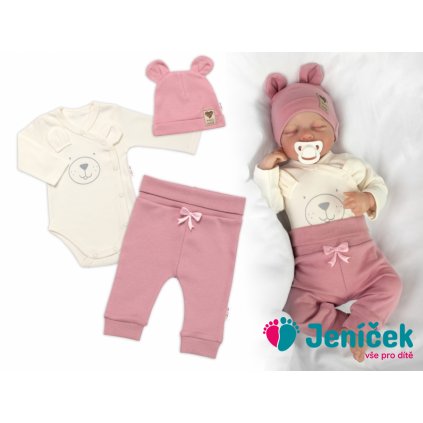 Zavinovací body dl.rukáv, tepláčky a čepička Little Bear, Baby Nellys, pudrová/smetana vel.50