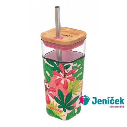 Skleněný cestovní hrnek s brčkem Liquid Cube Pink Jungle Flora 540 ml
