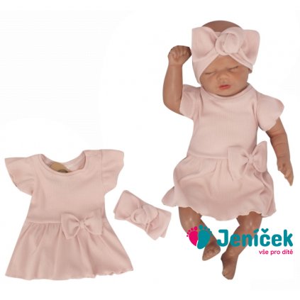Žebrované sukničkobody s mašlí + čelenka 2D Girl Z&Z, pudrová, vel. 86