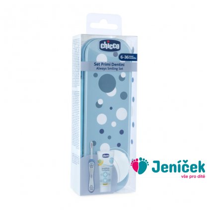 CHICCO Set zubní kartáček a pasta v pouzdře Always smiling - light blue, 6m+