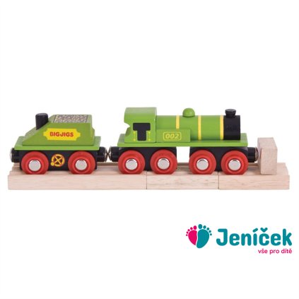 Bigjigs Rail Zelená lokomotiva s tendrem + 3 koleje