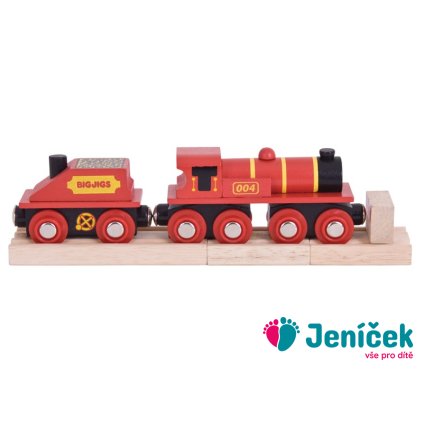 Bigjigs Rail Červená lokomotiva s tendrem + 3 koleje