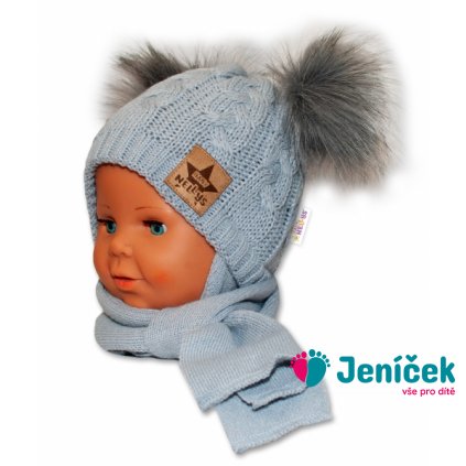 BABY NELLYS Zimní čepička s šálou - chlupáčkové bambulky - šedá, šedé bambulky