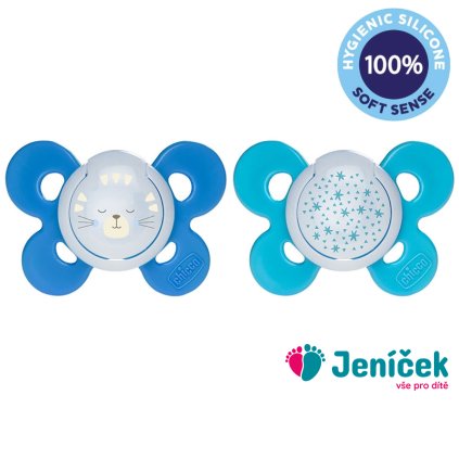 CHICCO Šidítko Physio Comfort silikon noční 16-36m chlapec - kočka/hvězdy 2 ks