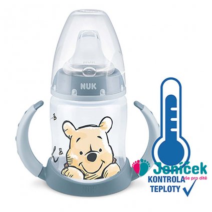 Kojenecká láhev na učení NUK Medvídek Pú s kontrolou teploty 150 ml šedá