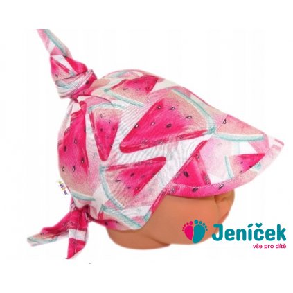 Baby Nellys Dětský bavlněný šátek s kšiltem na zavazování, meloun - růžová