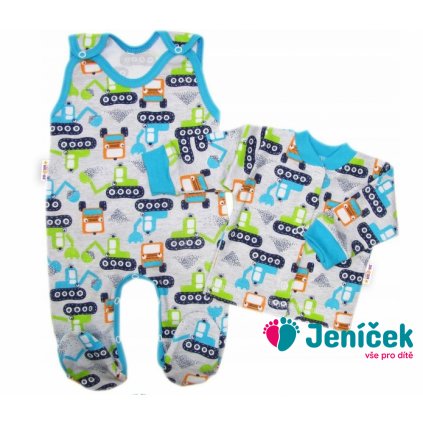 Baby Nellys 2-dílná sada, bavlněné dupačky s košilkou Bagr, šedá