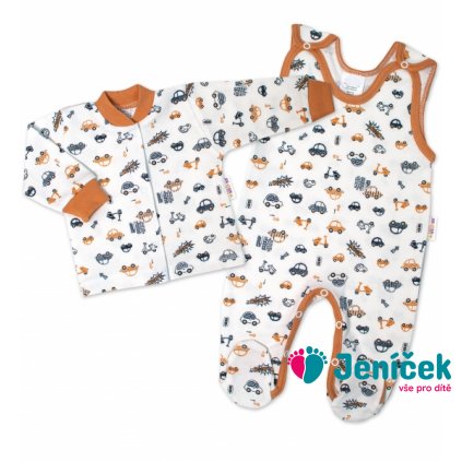 Baby Nellys 2-dílná sada, bavlněné dupačky s košilkou Car, smetanové