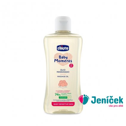 CHICCO Olej masážní s bavlnou a vitamínem E Baby Moments Sensitive 74 % přírodních složek 200 ml