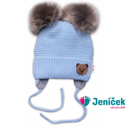 Dětská zimní čepice s fleecem Teddy Bear - chlupáčk. bambulky,sv. modrá, šedá