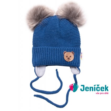 Dětská zimní čepice s fleecem Teddy Bear- chlupáčk. bambulky - tm. modrá, šedá