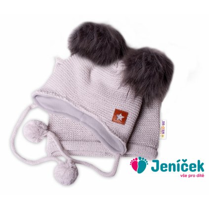 Zimní čepice s fleecem a chlupáčkové bambulky Star + komínek - šedá, BABY NELLYS