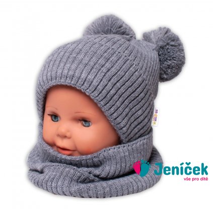 Zimní pletená čepice + nákrčník - šedá s bambulkami