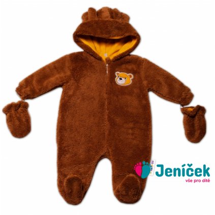 Baby Nellys Chlupáčkový overal Luna s kapucí + rukavičky, Medvídek, hnědý, vel. 62
