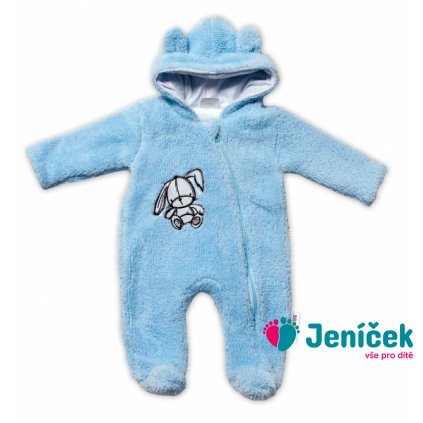 Baby Nellys Chlupáčkový overálek s kapucí, Cute Bunny - modrý