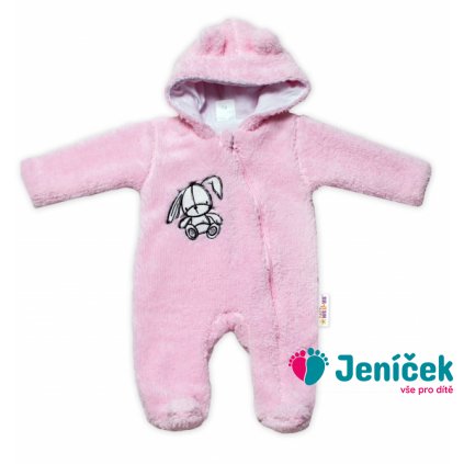 Baby Nellys Chlupáčkový overálek s kapucí, Cute Bunny - světle růžový, vel. 62