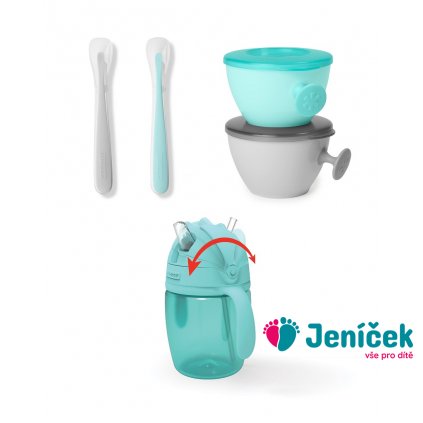 SKIP HOP Set jídelní s hrníčkem 5 ks Easy-Feed Mealtime Set Teal/Grey 6m+