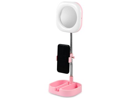 16115 beauty 6262 zrkadlo s led svetlom a drziakom na mobilny telefon ruzove 16x16x6cm