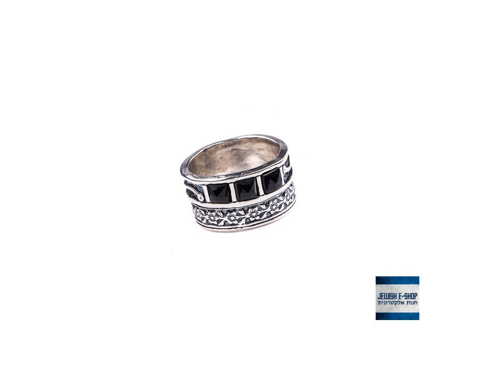 Izraelský stříbrný prsten s onyxy - Velikost 8 Ag 925