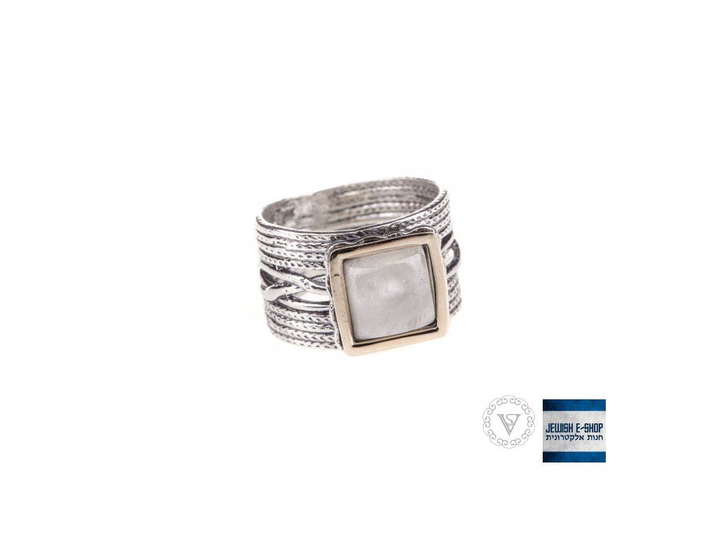 Stříbrný prsten s moonstonem a zlatým detailem - Velikost 7
