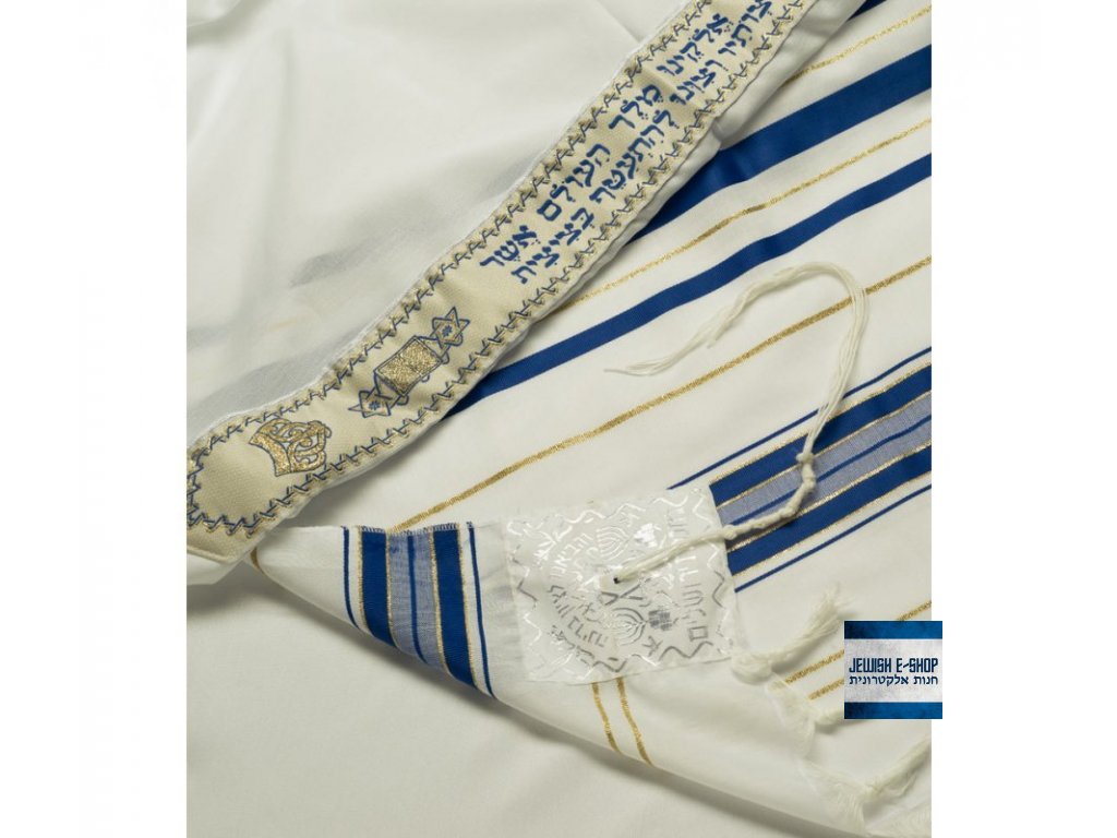Modlitební šál z akrylu - Tallit z imitace vlny - modré a zlaté proužky -  JEWISH E-SHOP
