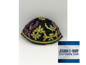 "Bucharská" kippa - jarmulka - černá s vínovým zdobením