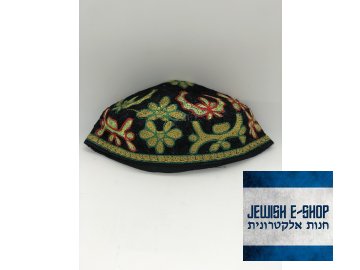 "Bucharská" kippa - jarmulka - černá se zeleným zdobením