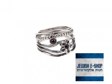 Stříbrný prsten s kytičkou a granáty - Velikost 8 - Ag 925/1000 - Shablool