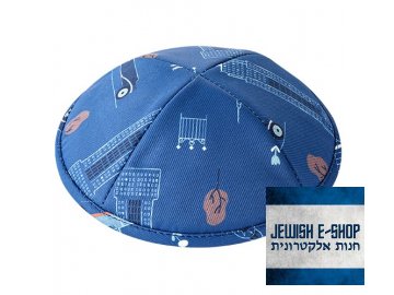 Kippah - yarmulke blue with city motif, 15.5 cm