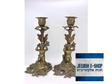 Antique French bronze Shabbat candlesticks with cherubs