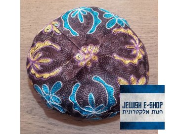 Extra velká jarmulka se vzorem hnědá vyšívaná