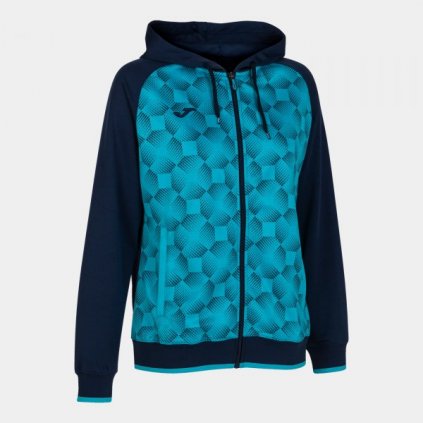 Dámská sportovní mikina se zipem a kapucí Joma Supernova III - tmavě modrá/fluo tyrkysová (Velikost 2XS)