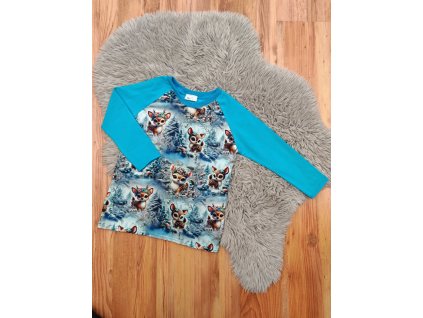 Tričko s dlouhým rukávem  - srnky - (tyrkysová)