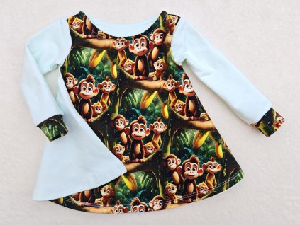 Šatičky světle mentolové - opičky - dlouhý rukáv
