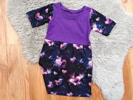 Šatičky fialové - srdíčka - krátký rukáv