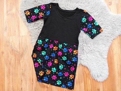 Šatičky černé - barevné tlapky - krátký rukáv