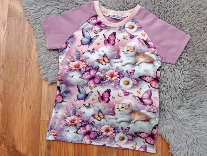 Tričko s krátkým rukávem - kočičky s motýli