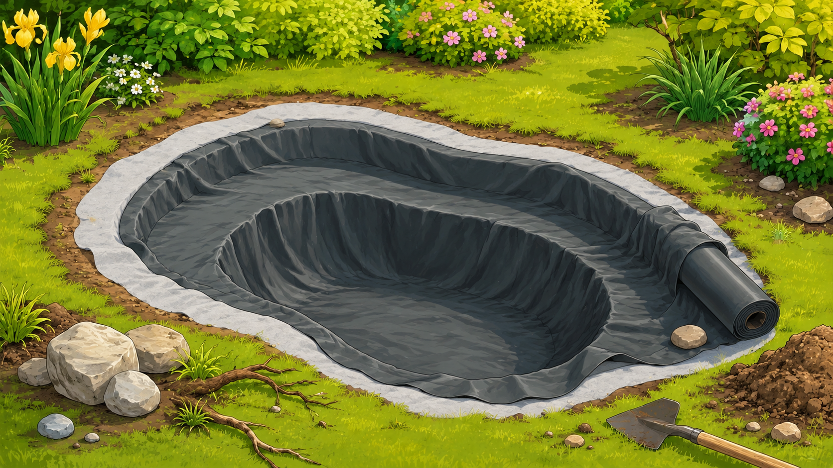 Pokládka geotextilie a jezírkové fólie do výkopu