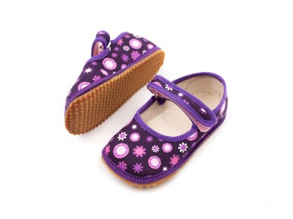 DETSKÉ BAREFOOT PAPUČE BEDA ŠIRŠIE (W) BALERÍNKY - VIOLET FLOWER