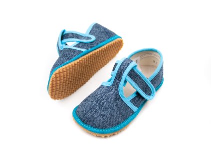 DETSKÉ BAREFOOT PAPUČE BEDA UŽŠIE (SLIM) - TURQUOISE DENIM