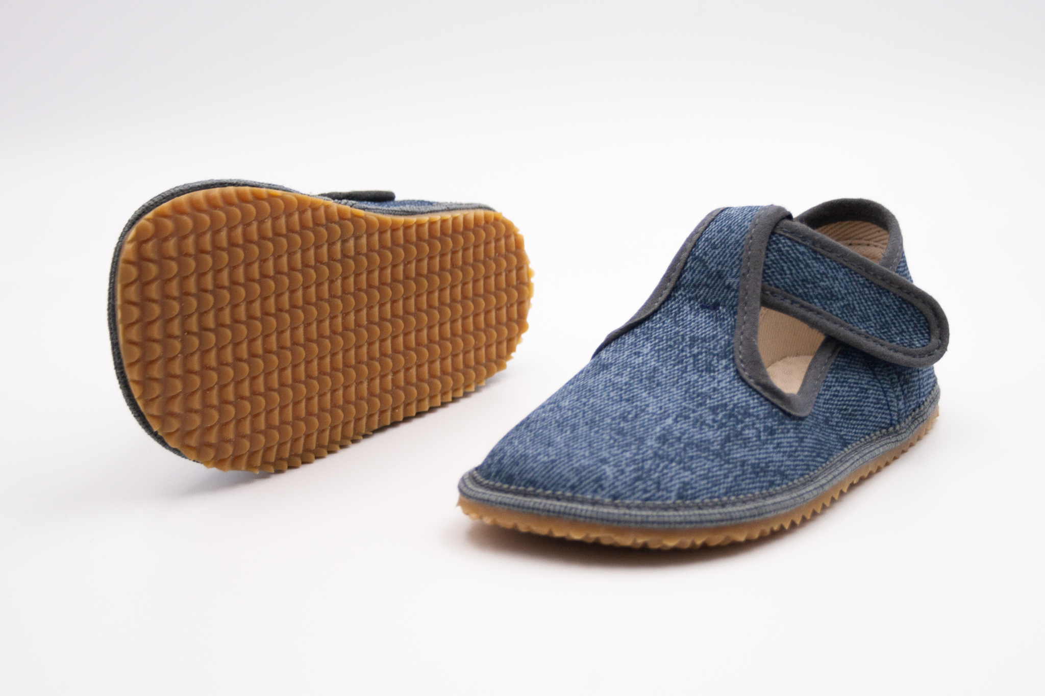 DETSKÉ BAREFOOT PAPUČE BEDA ŠIRŠIE (W) PLAYFUL - GREY DENIM Veľkosť: 25, Vnútorná dĺžka  topánky v cm: 16.2, Vnútorná šírka topánky v cm: 6.7