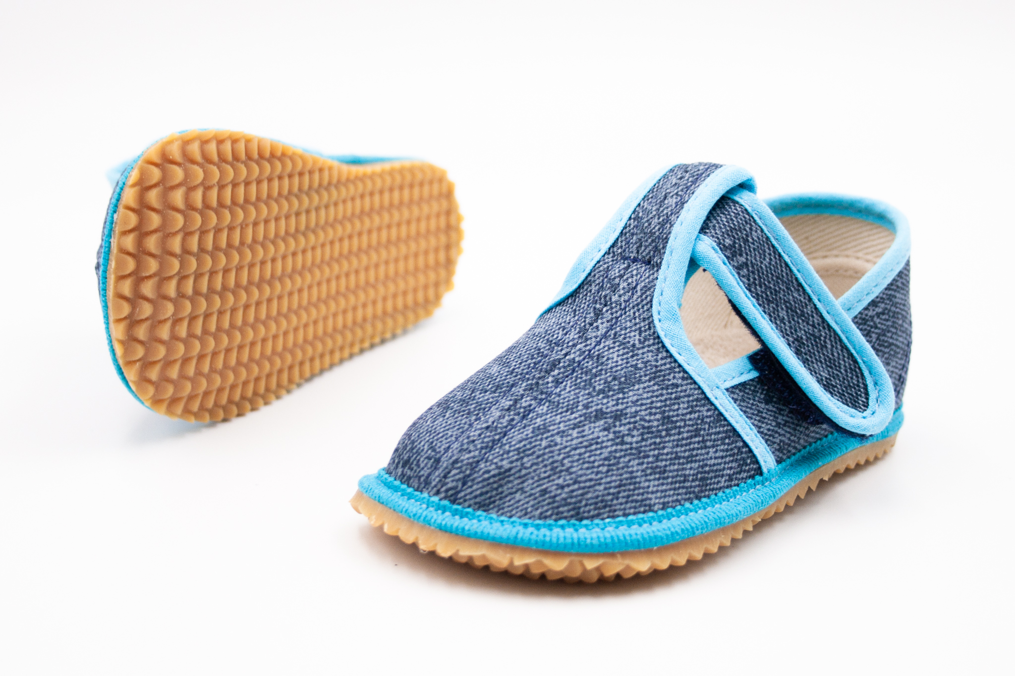 BEDA BAREFOOT PAPUČKY UŽŠIE (SLIM) - TURQUOISE DENIM Veľkosť: 22, Vnútorná dĺžka  topánky v cm: 14, Vnútorná šírka topánky v cm: 5.8