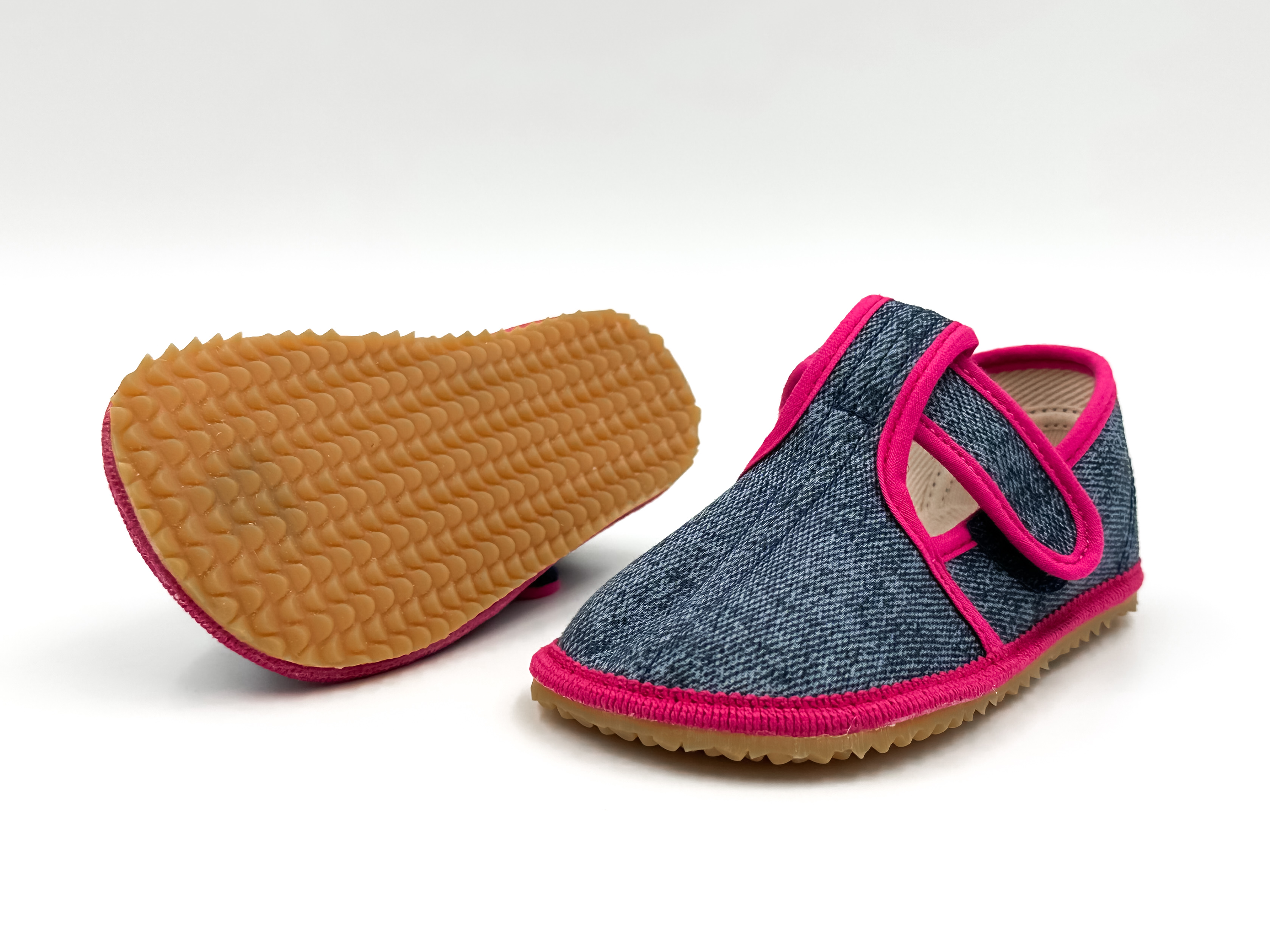 BEDA BAREFOOT PAPUČKY UŽŠIE (SLIM) - PINK DENIM Veľkosť: 22, Vnútorná dĺžka  topánky v cm: 14, Vnútorná šírka topánky v cm: 5.8