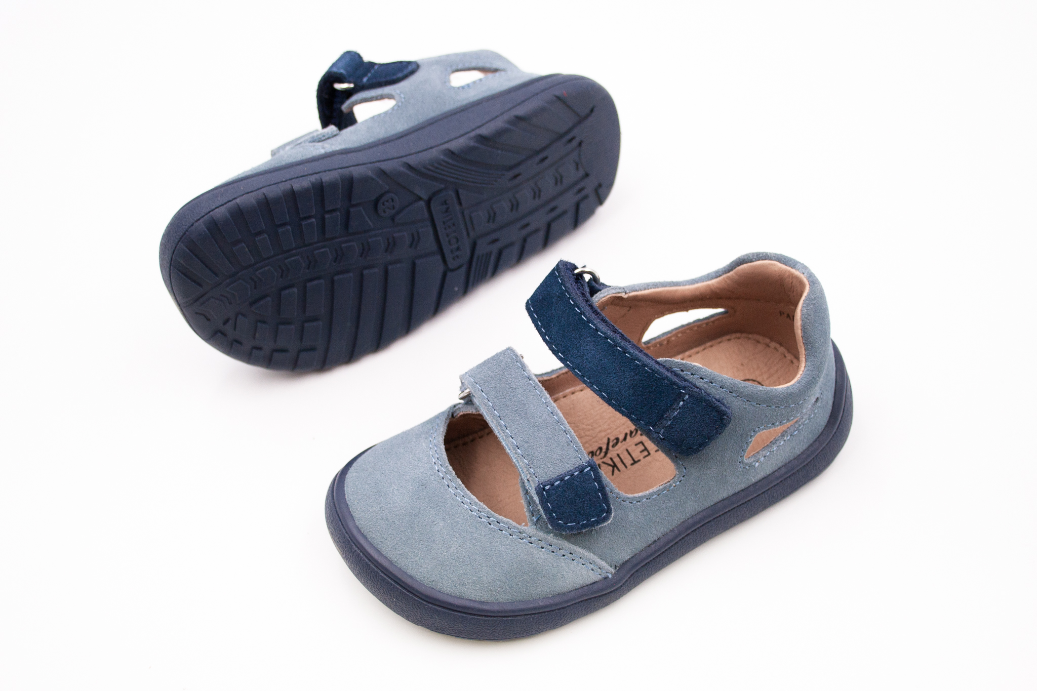 DETSKÉ BAREFOOT SANDÁLE PROTETIKA PADY - JEANS Veľkosť: 19, Vnútorná dĺžka  topánky v cm: 12.1, Vnútorná šírka topánky v cm: 5.5