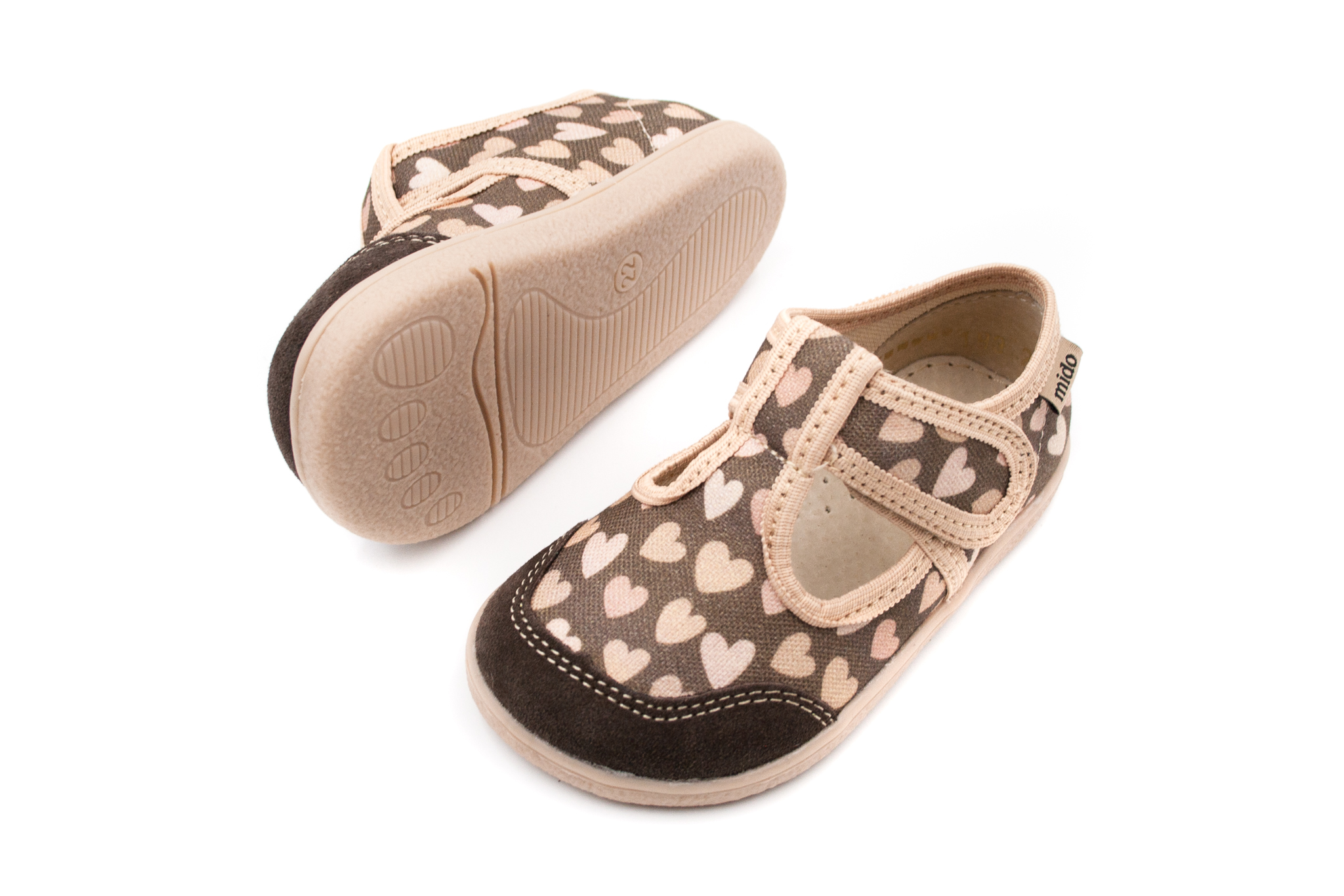 Mido Shoes  DETSKÉ BAREFOOT PAPUČE MIDO SHOES - BROWN HEARTS Veľkosť: 23, 11: 14.6, Vnútorná šírka topánky v cm: 6.3