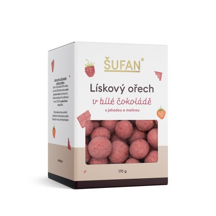 Lískový ořech v bílé čokoládě s jahodou a malinou 170 g Šufan