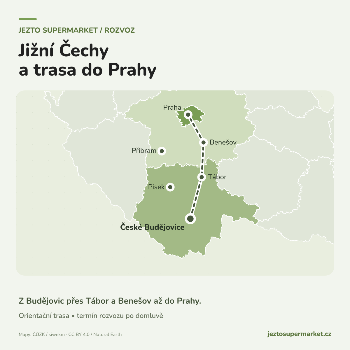 Mapa rozvozové trasy České Budějovice, Tábor, Benešov a Praha