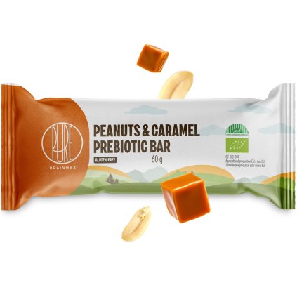 BrainMax Pure Peanuts & Caramel Prebiotic Bar, prebiotická tyčinka, arašídy a karamel, BIO, 60 g