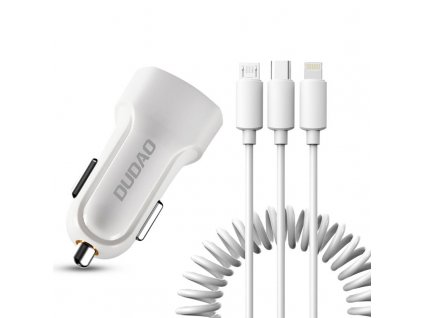 Dudao R7 USB nabíječka do auta 2x USB / 2,4A + kabel 3v1 USB-C / Micro USB / Apple bílá