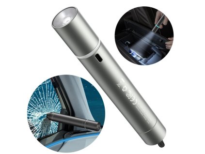 BASEUS CRSFH-B0A LED svítilna + bezpečnostní nástroj do auta na rozbití skla stříbrná